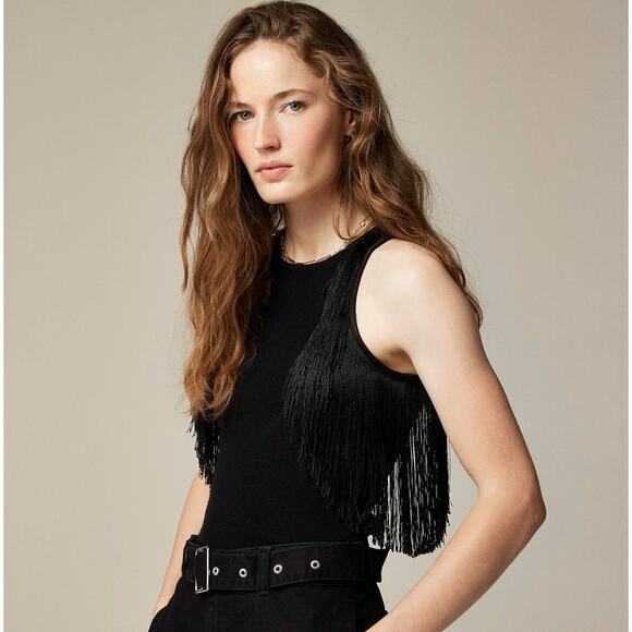 J.Crew Cashmere Fringe-Trim Sweater Tank Sz S Black Stretch Fitted Soft Pullover - Picture 1 of 8